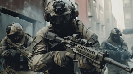 Fototapeta premium Team of elite special forces soldiers executing a covert mission behind enemy lines, showcasing their tactical skills, advanced weaponry, and stealthy maneuvers