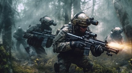 Team of elite special forces soldiers executing a covert mission behind enemy lines, showcasing their tactical skills, advanced weaponry, and stealthy maneuvers