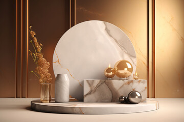 Minimalistic scene for product presentation. White marble podium with gold decoration elements. Generative art