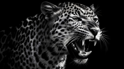 black and white image of the face of a Leopard with an intimidating expression, showcasing the striped texture of its fur. Generative AI