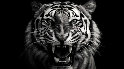 black and white image of the face of a Tiger with an intimidating expression, showcasing the striped texture of its fur. Generative AI