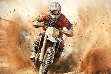 Moto racer on the motocross motorcycle riding on high speed at the dirt road. Generative art