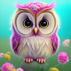 Obraz premium It depicts happy cute pink baby owl in colorful spring landscape - generative ai