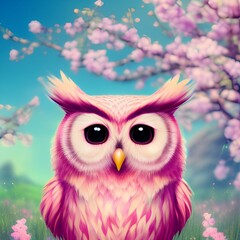 Fototapeta premium It depicts happy cute pink baby owl in colorful spring landscape - generative ai