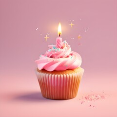 Cupcake with pink icing and sprinkles with one lit birthday candle
