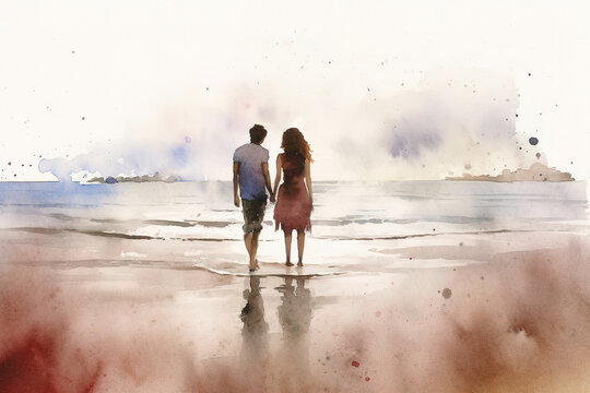 Silhouette of a man and woman at the beach, rear view. Beautiful painting generated by Ai