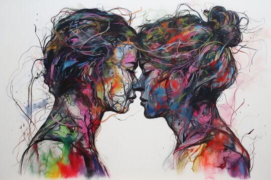 An abstract illustration of two young women kisses. Sketch drawing with colors in accents. Generative art