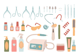 Set of different flacons, sprays, devices, scissors, clippers, instruments, attachments for nail treatments. Design products for podology and pedicure in colorful flat vector illustration.
