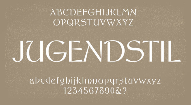 Jugendstil is an original vintage style alphabet reminiscent of early Art Nouveau and related Arts and Crafts movements from the late 19th and early 20th centuries.