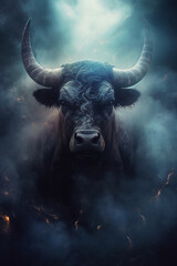 Gorgeous black bull in the clouds of smoke and bright fire sparks. Stunning photoreal fine art generated by Ai. Is not based on any specific real image or character