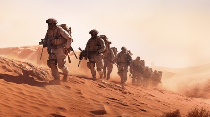Squad of soldiers conducting a desert patrol, navigating vast sand dunes, rugged terrain, and harsh weather conditions in a hostile environment