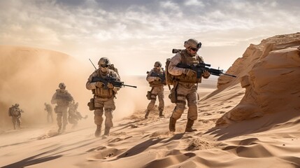 Squad of soldiers conducting a desert patrol, navigating vast sand dunes, rugged terrain, and harsh weather conditions in a hostile environment