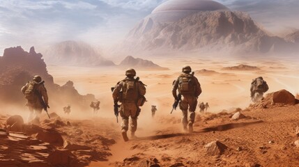Squad of soldiers conducting a desert patrol, navigating vast sand dunes, rugged terrain, and harsh weather conditions in a hostile environment
