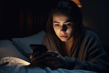 Tired woman in robe uses a smartphone while sitting on the bed before going to bed, created with Generative AI.