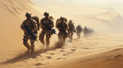 Obraz na płótnie Canvas Squad of soldiers conducting a desert patrol, navigating vast sand dunes, rugged terrain, and harsh weather conditions in a hostile environment