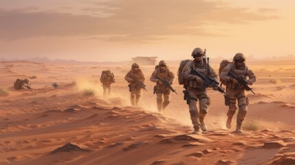 Obraz na płótnie Canvas Squad of soldiers conducting a desert patrol, navigating vast sand dunes, rugged terrain, and harsh weather conditions in a hostile environment