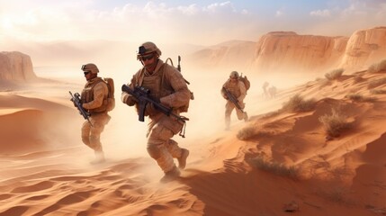 Squad of soldiers conducting a desert patrol, navigating vast sand dunes, rugged terrain, and harsh weather conditions in a hostile environment