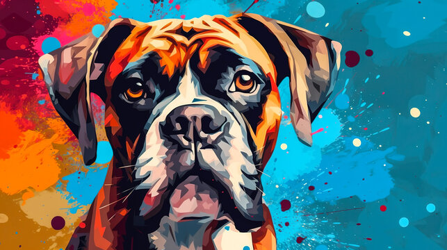 Boxer dog face in abstract mixed grunge colors digital painting in minimal art style. Digital illustration generative AI.	