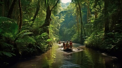 Expedition through a dense and exotic jungle, with explorers traversing treacherous terrain, encountering wildlife, and uncovering ancient civilizations