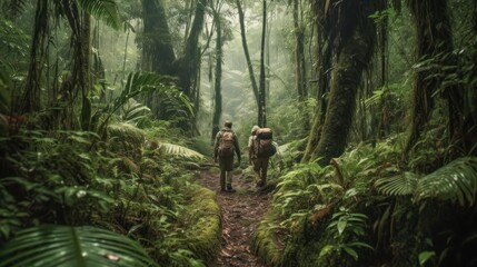 Expedition through a dense and exotic jungle, with explorers traversing treacherous terrain, encountering wildlife, and uncovering ancient civilizations