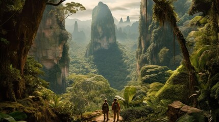 Expedition through a dense and exotic jungle, with explorers traversing treacherous terrain, encountering wildlife, and uncovering ancient civilizations