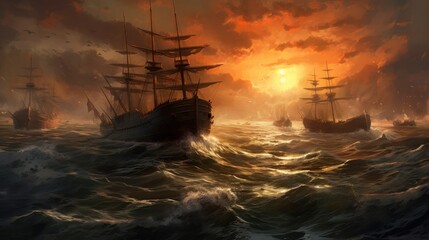 Obraz premium Intense naval battle scene between rival pirate ships, with cannons firing, sails billowing, and pirates swinging from ropes in a clash for supremacy