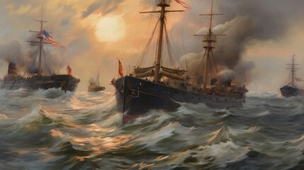 Obraz premium Intense naval battle scene between rival pirate ships, with cannons firing, sails billowing, and pirates swinging from ropes in a clash for supremacy