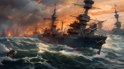 Obraz premium Intense naval battle scene between rival pirate ships, with cannons firing, sails billowing, and pirates swinging from ropes in a clash for supremacy