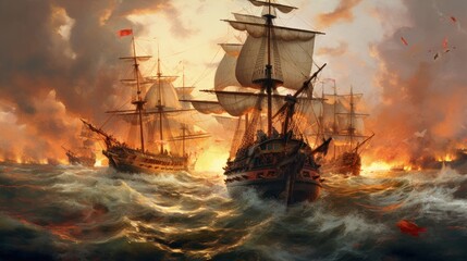 Obraz premium Intense naval battle scene between rival pirate ships, with cannons firing, sails billowing, and pirates swinging from ropes in a clash for supremacy