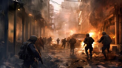 Naklejka premium Depict an intense infantry assault scene, with soldiers advancing through a war - torn urban environment, facing enemy resistance, and utilizing cover and teamwork