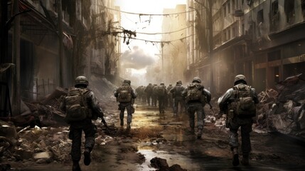 Fototapeta premium Depict an intense infantry assault scene, with soldiers advancing through a war - torn urban environment, facing enemy resistance, and utilizing cover and teamwork