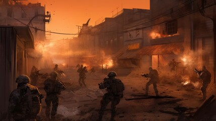 Depict an intense infantry assault scene, with soldiers advancing through a war - torn urban environment, facing enemy resistance, and utilizing cover and teamwork