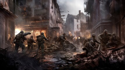 Depict an intense infantry assault scene, with soldiers advancing through a war - torn urban environment, facing enemy resistance, and utilizing cover and teamwork