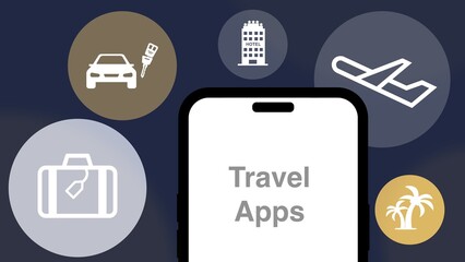 Travel Apps displayed on a smartphone and background with travel icons, hotel, vacation, car rentals flights, luggage, online