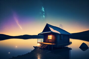 Magic Lake hut, bright stars in the sky - generative ai