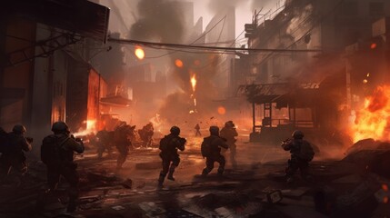 Depict an intense infantry assault scene, with soldiers advancing through a war - torn urban environment, facing enemy resistance, and utilizing cover and teamwork
