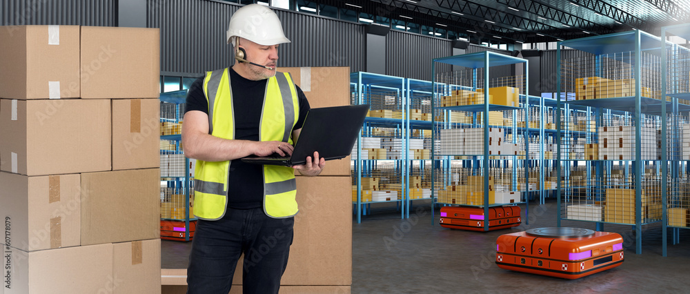 Poster man warehouse specialist. warehouse automation. man in autonomous storage. warehouse specialist with