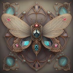 Fototapeta premium A piece of jewelry. A golden butterfly encrusted with diamonds. Print in the form of a decoration with an insect.