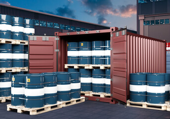Barrels with chemicals. Container in industrial area. Transportation of toxic products. Territory...