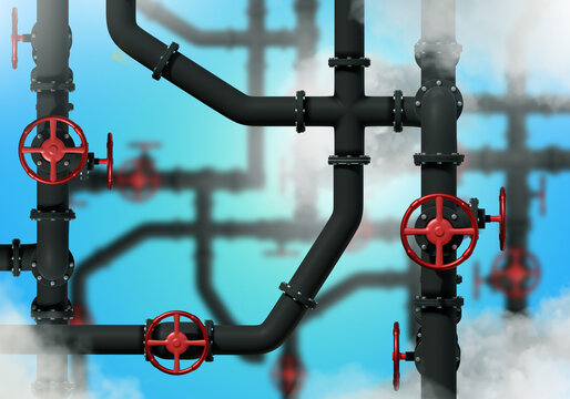 Industrial background. Pipes for boiler equipment. Black pipeline on blue. Industrial scenery. Hot steam near pipes. Industrial wallpaper for design. Pipeline with red valves. 3d image