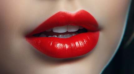 Obraz premium close-up of the female lips of a young woman painted with red lipstick. Generative Ai. 