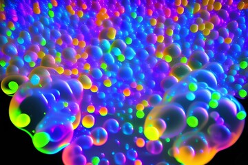 Neon bubbles are bright, colorful and iridescent bubbles glowing under black light - generative ai