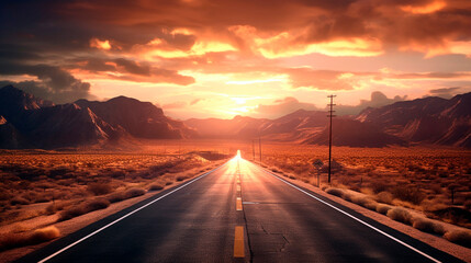 Highway Road in the mountains at sunset. Generative Ai. 
