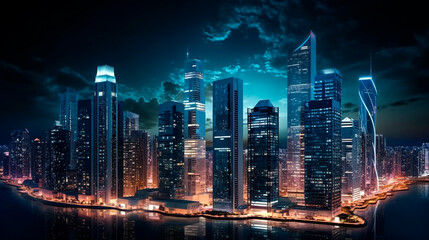 Fototapeta na wymiar Close-up of a night city with many lights. Generative Ai. 