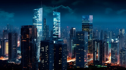 Obraz premium a city at night with skyscrapers and lights. Generative Ai. 