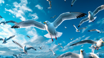 Obraz premium seagulls in blue sky with clouds. Generative Ai. 