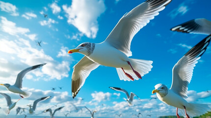 seagulls fly on the blue. Generative Ai. 
