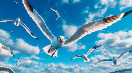 Obraz premium Seagull in the air close-up. Generative Ai. 