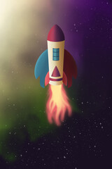 UFO space shuttle launch in outer space. Fantastic alien rocket with bursting fire against glowing cloud of nebulas in space. Illustration of the flight of a spaceship in endless mesmerizing space.