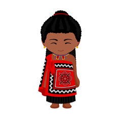 Woman in Swaziland national costume. Female cartoon character in Swazi traditional ethnic clothes. Flat isolated illustration. 